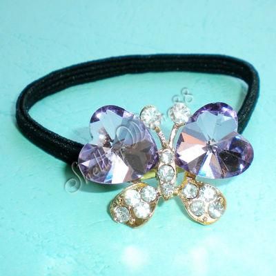 Violet Crystal Butterfly Heart Hair Tie Ponytail Holder  