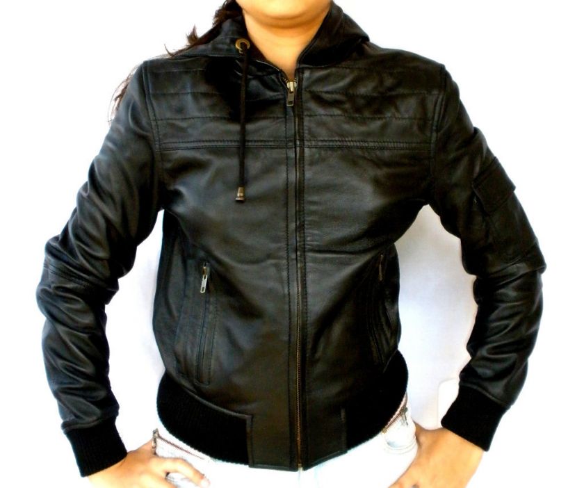 NWT Womens Hooded Bomber Leather Jacket Style # 14F  