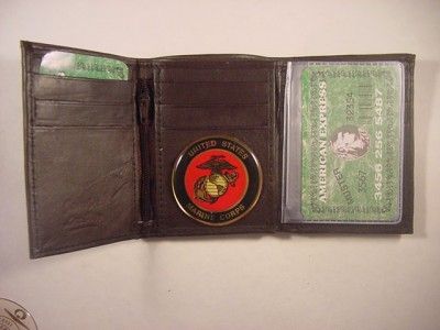 USMC UNITED STATES MARINE CORPS BROWN LEATHER TRIFOLD WALLET NEW 