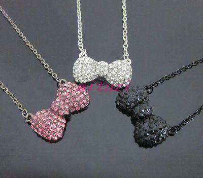 Hello kitty pink &silver& black bow crystal necklace 3item mixed color 