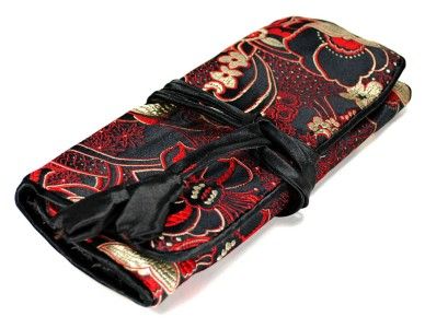 SILK JEWELRY TRAVEL BAG Roll Case Pouch Carrying Black Fabric Brocade 
