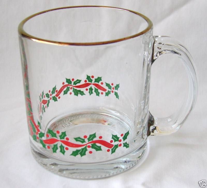 LIBBEY GLASS HOLLY & RIBBON CHRISTMAS COFFEE MUG(S)  