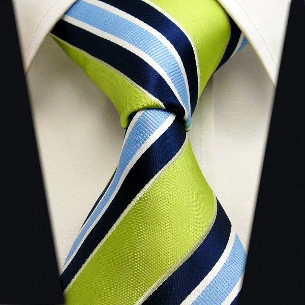 I45 Stripes Olive Green Yellow Navy Azure Mens Tie Necktie 100% Silk 