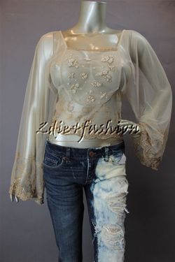 New with Tags FREE PEOPLE Champagne Show Pony Beaded Net Crop Shirt 