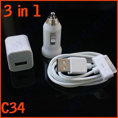   White USB Car Charger+Wall Charger Adapter+Cable F iPod/iPhone 3/4G/4S