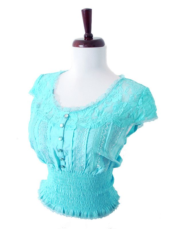 Blue 50s Vtg Retro Cotton Beaded Lace Smocked Pinup Rockabilly Top 